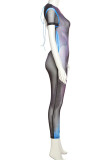 Blå sexigt tryck urholkat lapptäcke Genomskinlig rygglös O-hals Skinny Jumpsuits