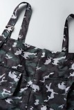 アーミーグリーン カジュアル カモフラージュ プリント パッチワーク スパゲッティ ストラップ レギュラー ジャンプスーツ (Tシャツなし)