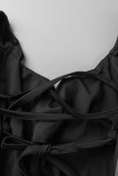 ダークブラウン カジュアル ソリッド バックレス クロスストラップ オフショルダー 半袖 ドレス ドレス