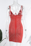 Svart Sexig Solid Genomskinlig Hot Drill Spaghetti Strap Sling Dress Klänningar