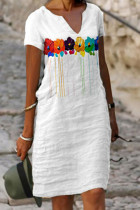 Melkachtige casual print patchwork V-hals rechte jurken