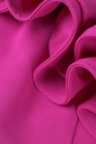 Robes plissées à col oblique en patchwork uni décontracté rose rouge