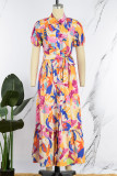 Veelkleurige casual print patchwork turndown kraag korte mouw jurk jurken