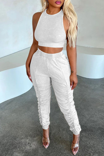 White Casual Solid Patchwork Fold O Neck Sleeveless Two Pieces