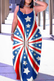 Blue Sexy Casual Flag Star Print Backless Spaghetti Strap Long Loose Cami Maxi Dresses