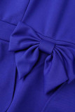 ロイヤル ブルー エレガント ソリッド パッチワーク リボン V ネック ワンステップ スカート ドレス