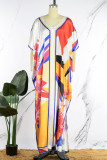 Rose Jaune Casual Street Print Patchwork Slit V Neck Robe irrégulière Robes de grande taille