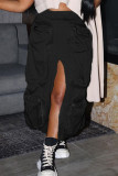 Серый Повседневный Уличный Однотонный Лоскутный карман с разрезом Прямые прямые однотонные брюки с завышенной талией