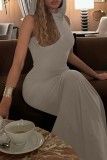Светло-серое сексуальное повседневное однотонное длинное платье с капюшоном и воротником с разрезом Платья