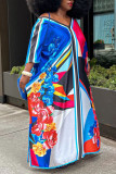 Vestido casual azul estampado patchwork com decote em V irregular vestidos tamanho grande