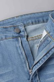 Blaue, lässige, feste, zerrissene Patchwork-Jeans mit hoher Taille und regulärer Denim