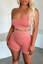 Pink Sexy Solid Patchwork Oblique Collar Sleeveless Two Pieces