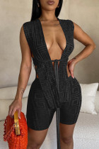 Black Sexy Solid Bandage Patchwork Asymmetrical Cardigan Collar Sleeveless Two Pieces Front Tie And Short Sets