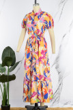 Veelkleurige casual print patchwork turndown kraag korte mouw jurk jurken