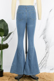 Синие повседневные однотонные рваные джинсы в стиле пэчворк с высокой талией, обычные джинсовые джинсы
