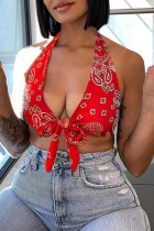Red Sexy Print Frenulum Backless Halter Tops