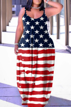Dark Blue Red Sexy Casual Flag Star Print Backless Spaghetti Strap Long Loose Cami Maxi Dresses