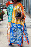 Blue Casual Street Print Patchwork Slit V Neck Irregular Dress Plus Size Dresses
