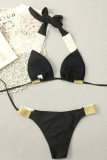 Сексуальные однотонные купальники в стиле пэчворк из черного золота с повязками