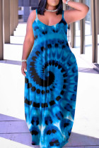 Blauwe sexy print backless spaghetti band lange jurk jurken