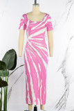 ピンクのセクシーなプリント パッチワーク U ネック ワン ステップ スカート ドレス