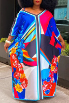 Vestido casual azul estampado patchwork com decote em V irregular vestidos tamanho grande