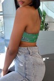 Green Sexy Print Frenulum Backless Halter Tops
