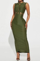 Army Green Sexy Solid Hollowed Out O Neck Long Dress Dresses