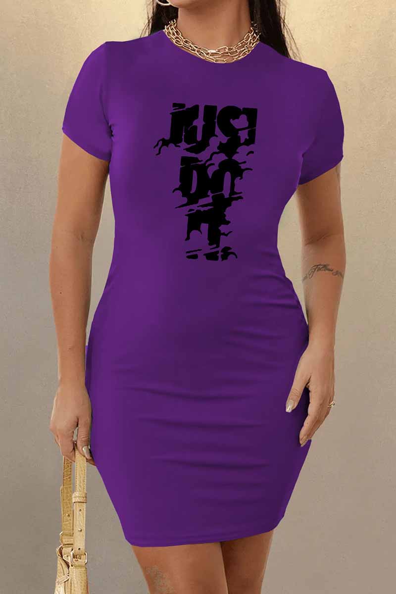 

Purple Casual Print Letter O Neck One Step Skirt Dresses