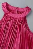 Vestido longo casual plissado com decote em O rosa roxo casual (sem cinto)
