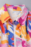 Multicolore Casual Print Patchwork Turndown Collar Robe à manches courtes Robes
