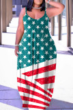 Navy Blue Sexy Casual Flag Star Print Backless Spaghetti Strap Long Loose Cami Maxi Dresses