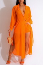 Оранжевые повседневные однотонные пуговицы с воротником рубашки с длинным рукавом из двух частей