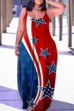 Pale Red Sexy Casual Flag Star Print Backless Spaghetti Strap Long Loose Cami Maxi Dresses