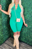 Green Casual Print Patchwork Zipper Collar Skinny Rompers