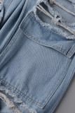 Blue Street Solid Ripped Make Old Patchwork High Waist Denim Jeans