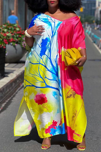 Pink Yellow Casual Street Print Patchwork Slit V Neck Irregular Dress Plus Size Dresses
