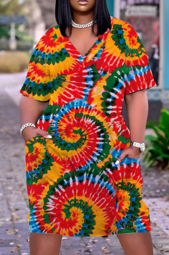 Orange Red Casual Print Patchwork Basic V Neck Short Sleeve Dress