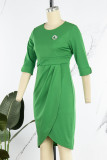 Зеленые повседневные элегантные однотонные лоскутные асимметричные платья с круглым вырезом и нерегулярными платьями