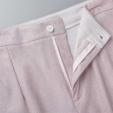 Rosa Casual Solid Patchwork Calças Regulares de Cintura Alta Convencionais de Cor Sólida
