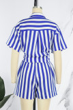 Blue Casual Striped Print Basic Shirt Collar Short Sleeve Two Pieces