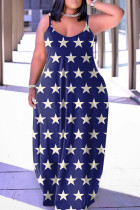 Dark Blue Sexy Casual Flag Star Print Backless Spaghetti Strap Long Loose Cami Maxi Dresses