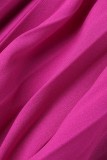 Robes plissées à col oblique en patchwork uni décontracté rose rouge