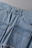 Jeans jeans cintura alta azul street sólido rasgado com patchwork antigo