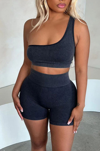 Black Sexy Solid Patchwork Oblique Collar Sleeveless Two Pieces