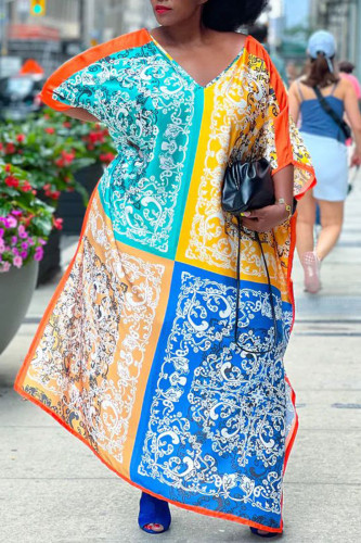 Green Yellow Casual Street Print Patchwork Slit V Neck Irregular Dress Plus Size Dresses