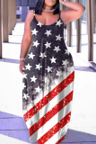 Black Gray Sexy Casual Flag Star Print Backless Spaghetti Strap Long Loose Cami Maxi Dresses
