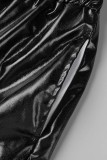 Черный сексуальный повседневный сплошной лоскутный отложной воротник с коротким рукавом из двух частей