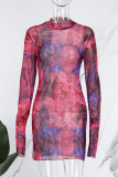 Robes de jupe crayon à col roulé et patchwork d'impression sexy pourpre