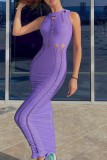 Фиолетовое сексуальное однотонное длинное платье с круглым вырезом